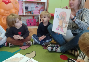 Dzieci wspólnie z nauczycielką opowiadają treść baśni o "Kocie w butach"