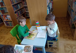 Chłopcy przy stoliku oglądają książki