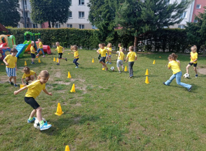 Pszczółki podczas zawodów sportowych (mecz piłki nożnej) w ogrodzie przedszkolnym