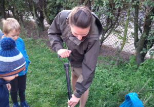 Dzieci wraz z panią leśnik wykopują dziury w ziemi, aby posadzić drzewka iglaste w ogrodzie przedszkolnym