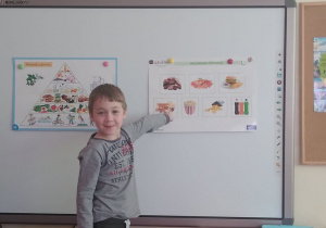 Chłopiec pokazuje na tablicy niezdrowe jedzenie