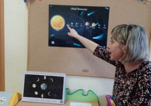 Dzieci wraz z nauczycielką liczą planety Układu Słonecznego