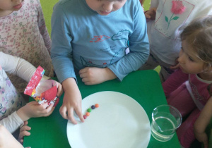 dzieci układają cukierki skittles na talerzyku