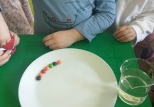 dzieci układają cukierki skittles na talerzyku