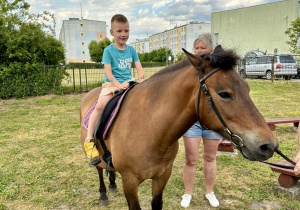 Chłopiec jeździ na koniku w ogrodzie przedszkolnym